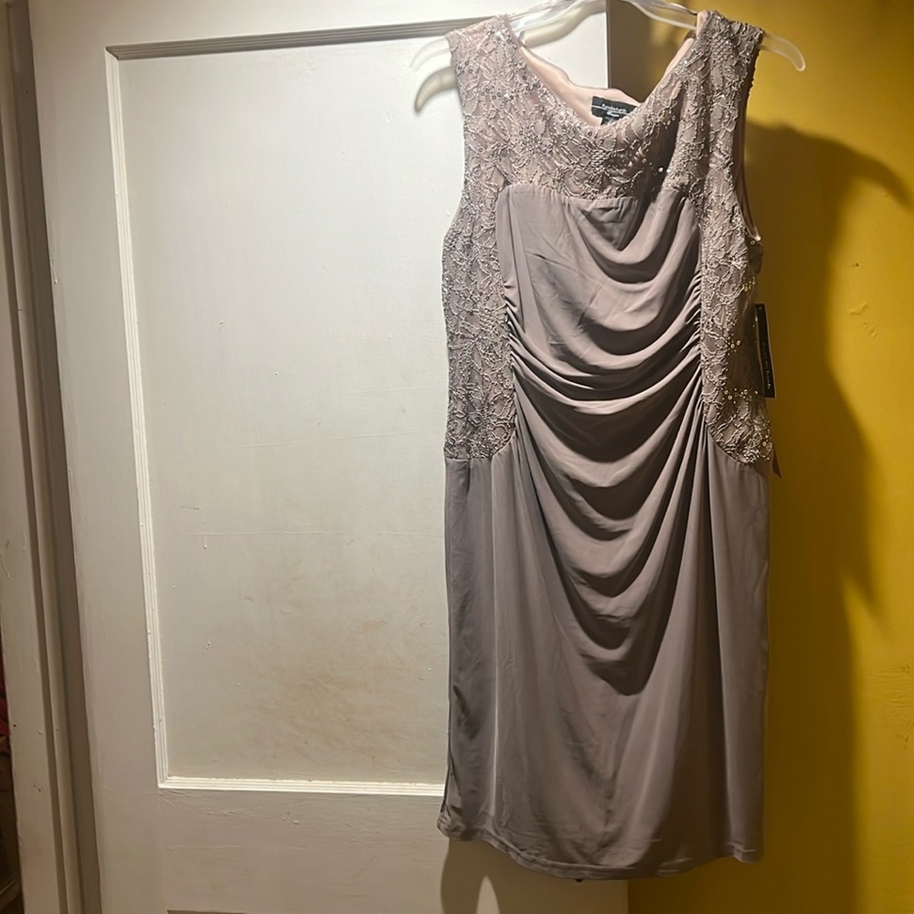 Evening dress, Brand: R & M Richards, size: 14W, tan, new with tags, excellent